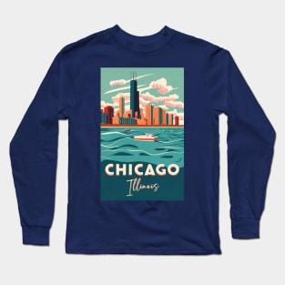 A Vintage Travel Art of Chicago - Illinois - US Long Sleeve T-Shirt